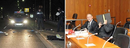 Foto l.: Polizisten sichern an der Unfallstelle Beweise / r.: Feige versteckt Serkan K. sein Gesicht hinter einem Aktenordner