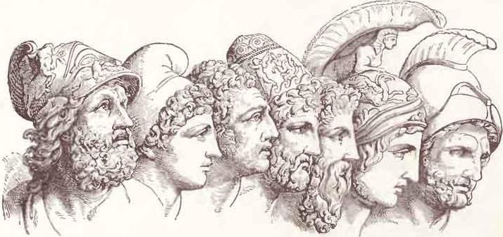 Menelaos, Paris, Diomedes, Odysseus, Nestor, Achilles und Agamemnon