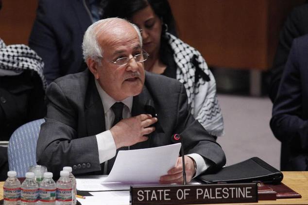 Palestinian Ambassador to the U.N. Riyad Mansour addresses the media at U.N. headquarters after submitting documents to join the International Criminal Court on Friday, Jan. 2, 2015