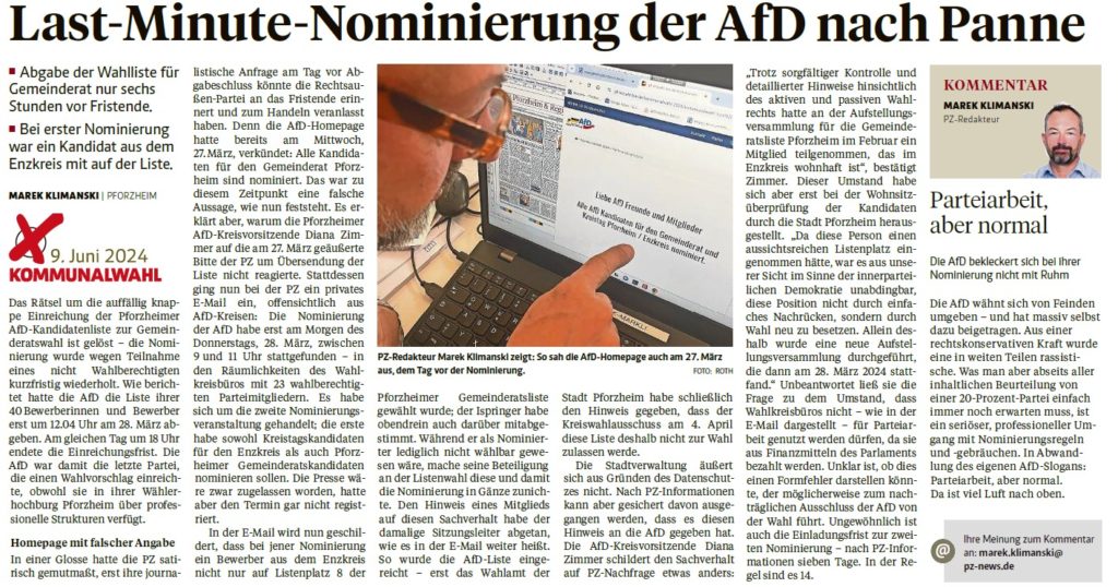 Anti-AfD-Artikel in der Pforzheimer Zeitung vom 9. April von Marek Klimanski.