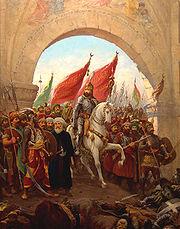 Mehmed II. zieht mit seiner Gefolgschaft in das eroberte Konstantinopel ein