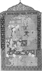 Abu Dschal gehörte zum Widerstand gegen den Islam. Soldaten präsentieren dem Propheten den Kopf des Feindes. Osmanische Miniaturen, 16. Jh. Topkapi Sarayi Museum Istanbul