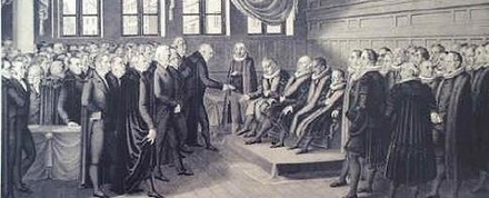 Der Rat und die versammelte Bürgerschaft beschließen 1834 im alten Rathaus über die Verleihung eines Ehrenbürgerbriefes.