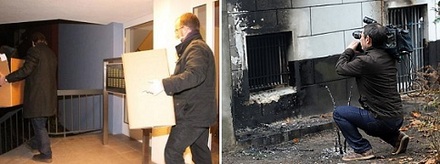 Foto links: Ermittler tragen Kartons mit Beweismaterial, das sie in der Wohnung des Moschee-Brandstifters Manuel K. in Neukölln sichergestellt haben.