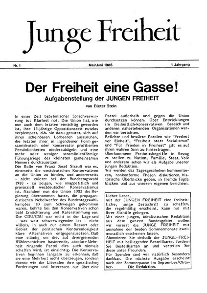Titelseite der ersten JF aus dem Jahr 1986