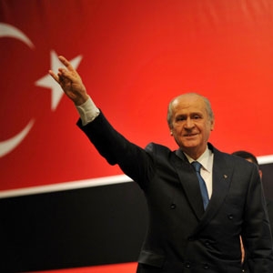 Der Vorsitzende der rechtsextremen türkischen Graue Wölfe-Partei MHP, Devlet Bahçeli, bei seinem Auftritt vor zwei Wochen in der Essener Grugahalle