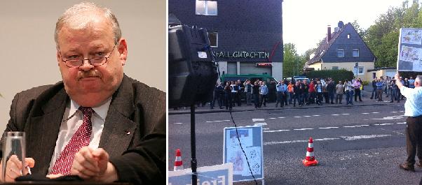 Foto links: NRW-Integrationsminister Guntram Schneider. Rechts: PRO-Aktivisten mit Mohammed-Karikaturen in Solingen.