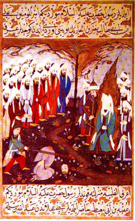 Miniatur aus dem Epos Siyer-i Nebi, religiöse türkische Biographie des Mohammed (14.-16. Jhdt.). Ali bin Abu Taleb enthauptet Nasr bin al-Hareth in Gegenwart von Mohammed und seinen Mitstreitern.