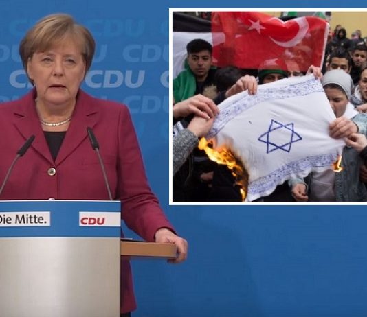 Screenshot der Pressekonferenz vom 11.12.2017; kleines Bild: Moslems verbrennen in Berlin eine Fahne mit einem Davidstern.