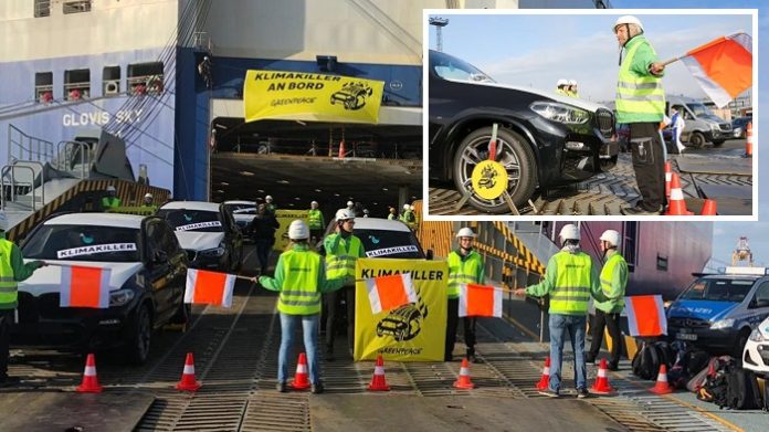 Anhänger der Klimareligion blockierten am Autoterminal in Bremerhaven unter anderem mit Parkkrallen (kl. Foto) das Entladen von SUV-Fahrzeugen.