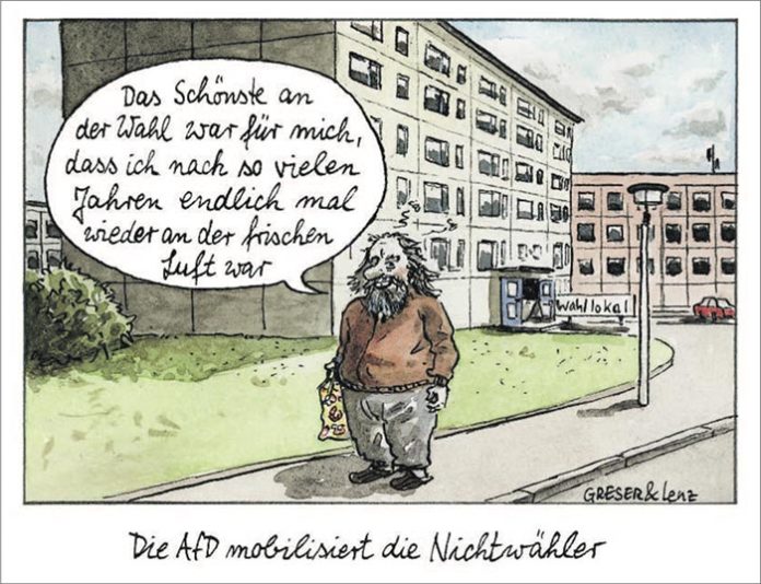 AfD-Wähler als abgehalfterter Plattenbaubewohner - FAZ-Karikatur vom 4.9.2019 auf S. 4.