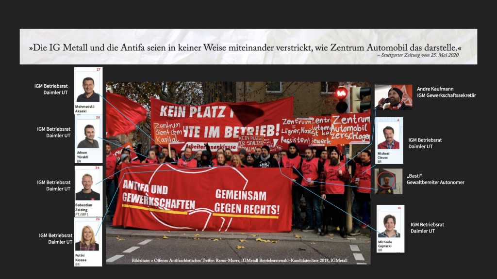 "Die IG Metall und die Antifa sind in keiner Weise miteinander verstrickt", behauptet Anaïck Geißel, Pressesprecherin der IG Metall Stuttgart. Das Bild beweist das genau Gegenteil: Ohne DGB keine Antifa!