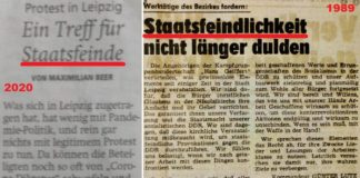 Wie sich die Begriffe gleichen: Artikel (l.) in der Waldeckische Landeszeitung (Nordhessen) vom 9. November 2020 und in der Leipziger Volkszeitung vom 6. Oktober 1989.