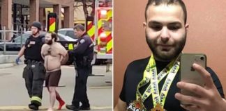 Der zehnfache Killer und Wrestlingfan Ahmad Alissa (21) aus Arvada, einem Vorort von Denver, wird nach seinem Blutgemetzel in einem Supermarkt in Boulder von Polizisten abgeführt.
