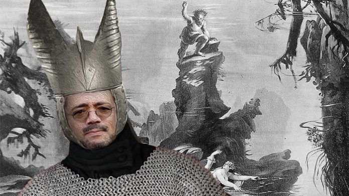 Der AfD-Bundestagsabgeordnete Prof. Harald Weyel mit Augenklappe und Flügelhelm. Bei den diesjährigen Nibelungen-Festspielen in Worms „hildensaga. ein königinnendrama“ standen allerdings die Frauen, vor allem Brünhild und Kriemhild, im Zentrum.