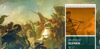 Der Wandkalender 2023 vom Antaios-Verlag ist da! Er enthält zwölf tolle Szenen aus der deutschen Geschichte (Das Gemälde im Hintergrund zeigt Otto den Großen im Jahr 955 auf dem Höhepunkt der Schlacht gegen die ungarischen Heere um Augsburg).