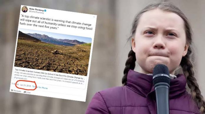 Greta Thunberg hat in einem Tweet vom 21.6.2018 den Untergang der Menschheit innerhalb von fünf Jahren vorhergesagt. Den Eintrag hat sie inzwischen still und heimlich gelöscht.