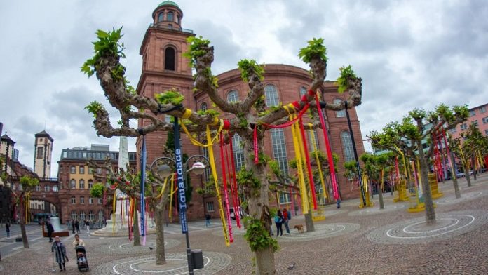 Trostlos: Zum Gedenktag am 18. Mai waren die Platanen auf dem Platz vor der Paulskirche mit schwarz-rot-gelben Bändchen dekoriert.