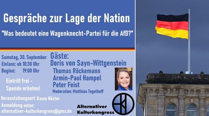 Am 30. September findet in der Reihe „Gespräche zur Lage der Nation“ eine Diskussion um die sogenannte Wagenknecht-Partei statt. Mit dabei ist diesmal die ehemalige AfD-Landesvorsitzende Schleswig-Holsteins und Fast-AfD-Vorsitzende, Doris von Sayn-Wittgenstein.