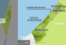 Graue Flächen: Bebaute Flächen im Gazastreifen, Schraffur: Israelische Armee.