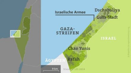 Graue Flächen: Bebaute Flächen im Gazastreifen, Schraffur: Israelische Armee.