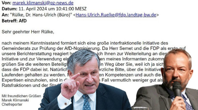 Marek Klimanski (r.), Chefreporter der Pforzheimer Zeitung, überschreitet die Grenze vom Journalisten zum politischen Aktivisten und der Fraktionsvorsitzende der FDP im Stuttgarter Landtag, Dr. Hans-Ulrich Rülke (l.), lässt sich dies gerne gefallen.