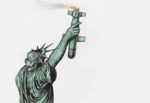 Soll das wieder das Bild der USA sein? (Karikatur von Jugoslav Vlahovic)