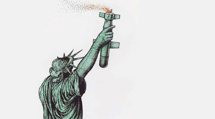 Soll das wieder das Bild der USA sein? (Karikatur von Jugoslav Vlahovic)