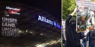 AfD-Werbeprojektion an der Fassade der Allianz-Arena in München, rechts: Bundestagskandidatin Katrin Ebner-Steiner im Niqab mit Protestplakat in Passau.