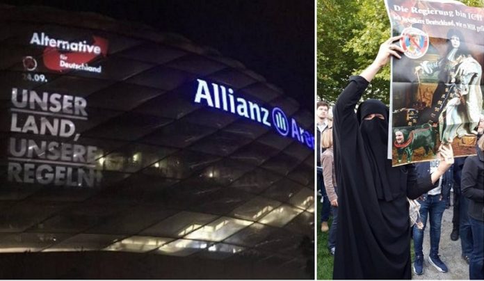 AfD-Werbeprojektion an der Fassade der Allianz-Arena in München, rechts: Bundestagskandidatin Katrin Ebner-Steiner im Niqab mit Protestplakat in Passau.