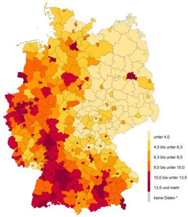 Ausländeranteil in Deutschland laut BAMF-Studie in % (Stichtag 31.12.2015).