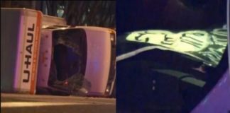 Das umgekippte Fluchtfahrzeug (rechts: Foto der IS-Flagge im Auto des Täters).