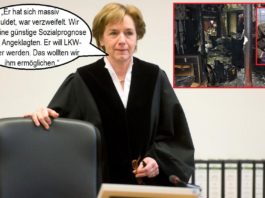 Richterin Renata Bürgel; kleines Bild re: Das Innere des abgebrannten Lokals und Mahir Q., der das mit nur „wenig krimineller Energie“ erledigt hat.