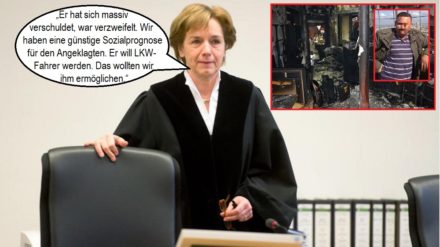 Richterin Renata Bürgel; kleines Bild re: Das Innere des abgebrannten Lokals und Mahir Q., der das mit nur „wenig krimineller Energie“ erledigt hat.