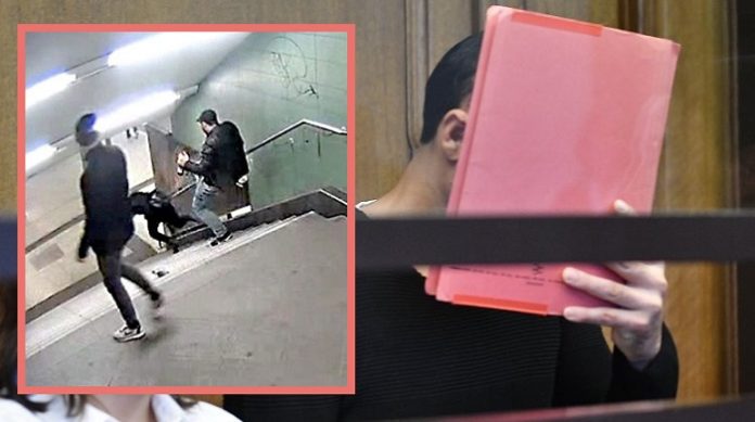 Der brutale U-Bahntreter Stoikov versteckte vor Gericht sein Gesicht hinter einer roten Mappe.