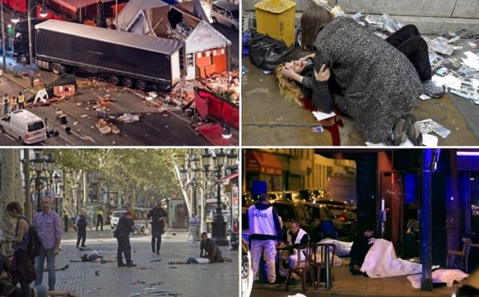 Fotocollage von Attentaten in Berlin, London, Barcelona und Paris.