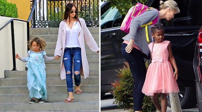 Hollywood-Stars Megan Fox mit Sohn Noah (l.) und Charlize Theron mit Sohn Jackson im pinken Kleidchen (r.).