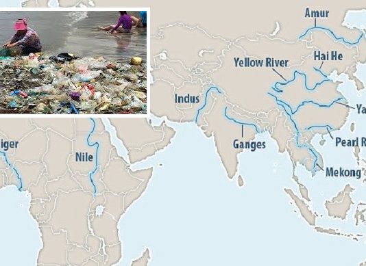 90 Prozent des Plastikmülls in den Weltmeeren stammen aus diesen zehn großen Flüssen in Asien und Afrika: Amur, Gelber Fluß, Hai He, Jangtse, Perlenfluß, Indus, Ganges, Mekong, Nil, Niger.