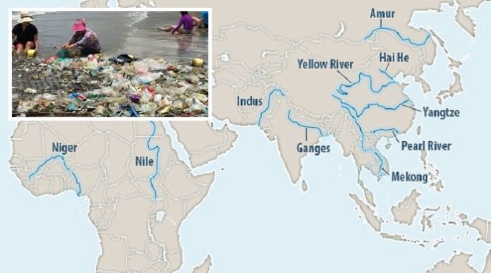 90 Prozent des Plastikmülls in den Weltmeeren stammen aus diesen zehn großen Flüssen in Asien und Afrika: Amur, Gelber Fluß, Hai He, Jangtse, Perlenfluß, Indus, Ganges, Mekong, Nil, Niger.